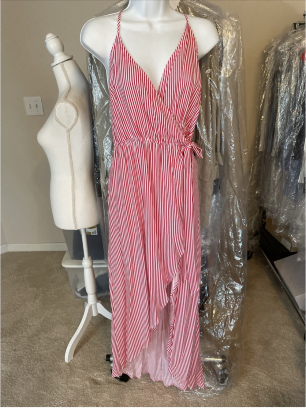NWT Molly Green Sz L Red White Stripe High Low Maxi Dress Built-In Shorts